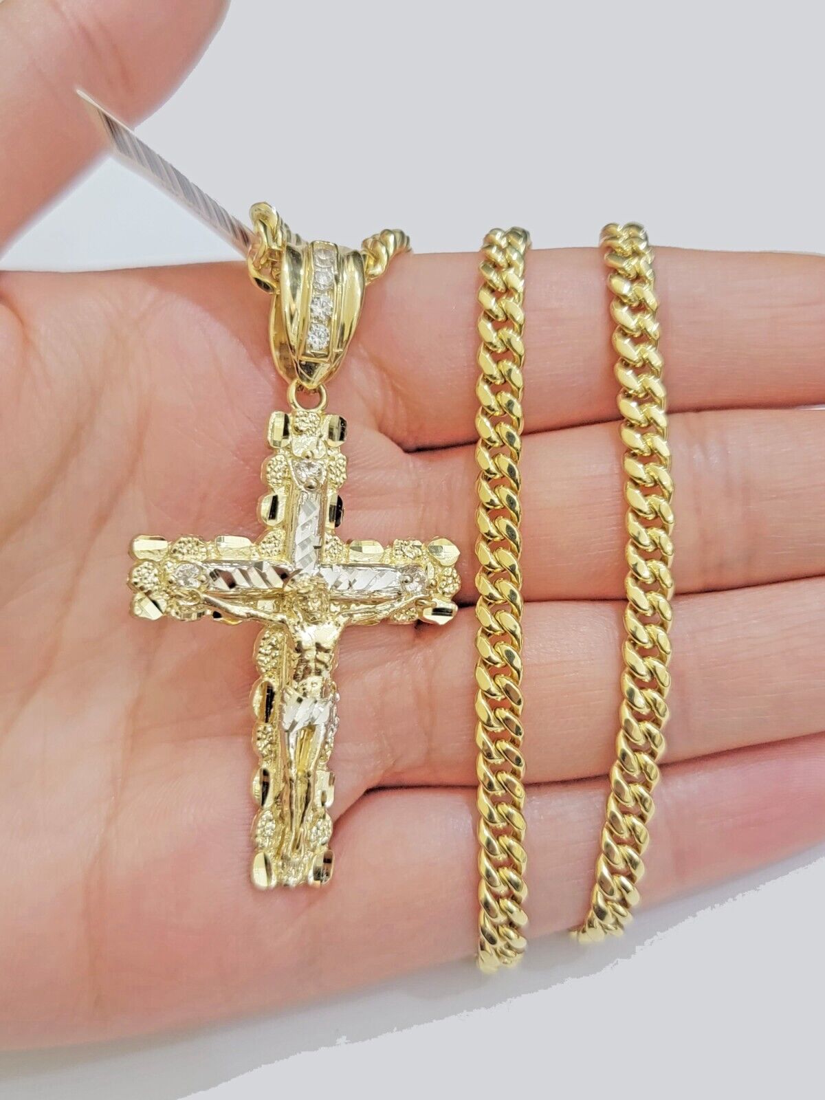 Real 14k Gold Nugget Cross pendant Cuban Link Chain 4.5mm 22" Necklace Charm Set - GoldenlinQ